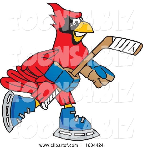 Vector Illustration of a Cartoon Red Cardinal Bird Mascot Playing Ice Hockey