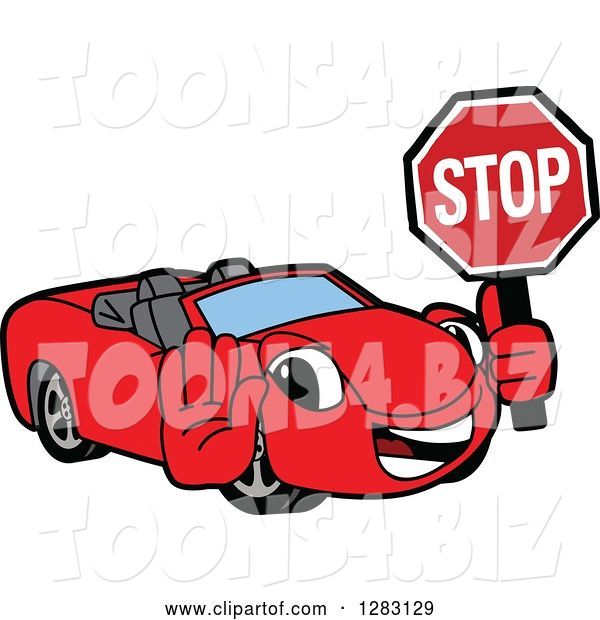 Vector Illustration of a Cartoon Red Convertible Car Mascot Gesturing and Holding a Stop Sign