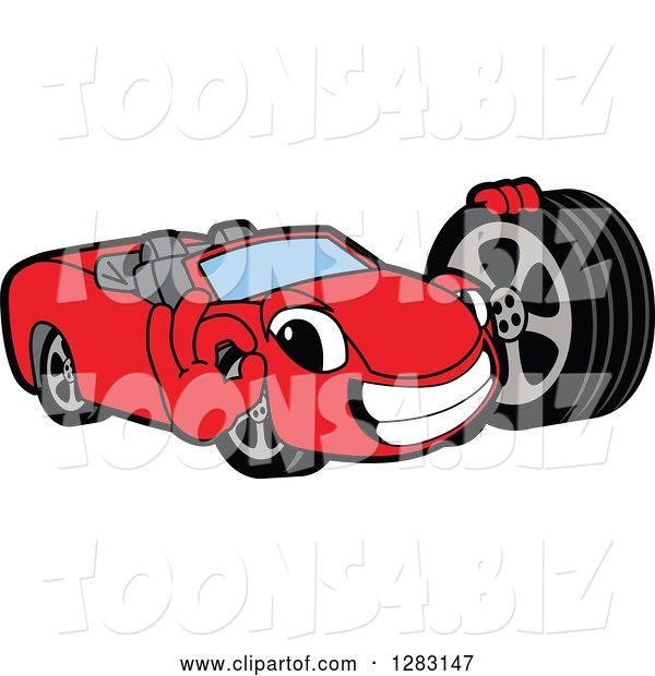 Vector Illustration of a Cartoon Red Convertible Car Mascot Gesturing Ok and Holding a Tire