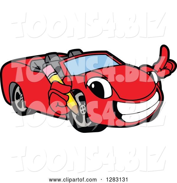 Vector Illustration of a Cartoon Red Convertible Car Mascot Holding a Pencil