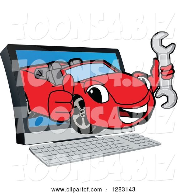 Vector Illustration of a Cartoon Red Convertible Car Mascot Holding a Thumb up and Emerging from a Computer Screen