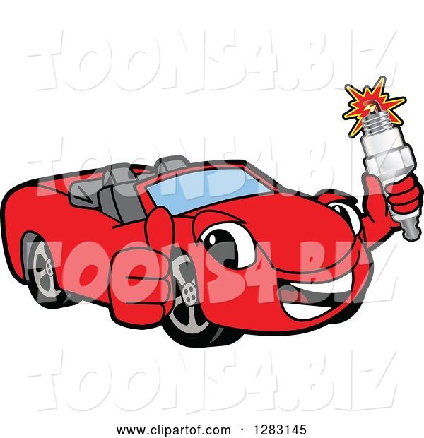 Vector Illustration of a Cartoon Red Convertible Car Mascot Holding a Thumb up and Spark Plug