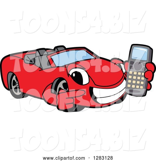 Vector Illustration of a Cartoon Red Convertible Car Mascot Holding and Pointing to a Cell Phone