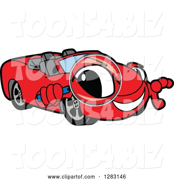 Vector Illustration of a Cartoon Red Convertible Car Mascot Looking Through a Magnifying Glass