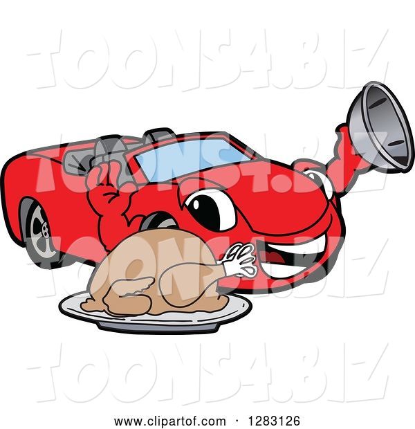 Vector Illustration of a Cartoon Red Convertible Car Mascot Serving a Thanksgiving Turkey