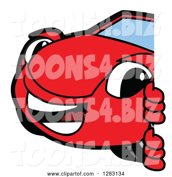 Vector Illustration of a Cartoon Red Convertible Car Mascot Smiling Around a Sign