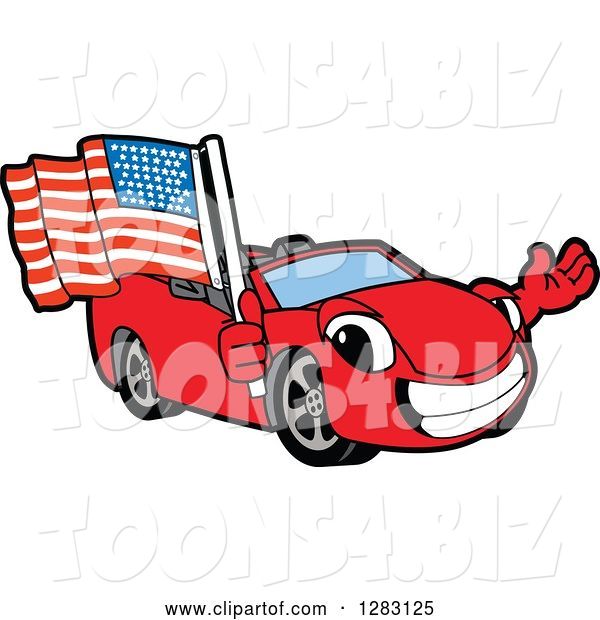 Vector Illustration of a Cartoon Red Convertible Car Mascot Waving and Holding an American Flag