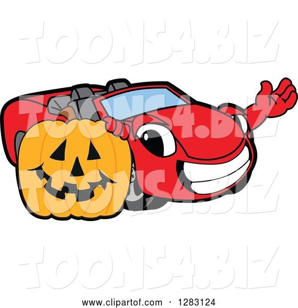Vector Illustration of a Cartoon Red Convertible Car Mascot Waving by a Halloween Jackolantern Pumpkin