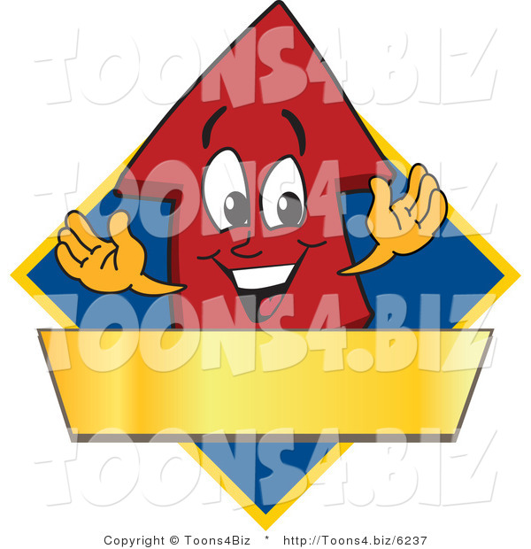 Vector Illustration of a Cartoon Red up Arrow Logo Mascot Above a Blank Gold Banner on a Blue Diamond
