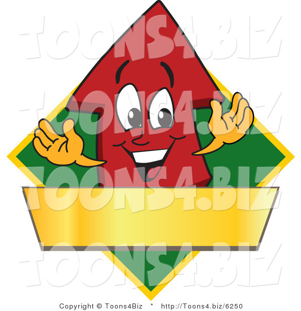 Vector Illustration of a Cartoon Red up Arrow Logo Mascot Above a Blank Gold Banner on a Green Diamond