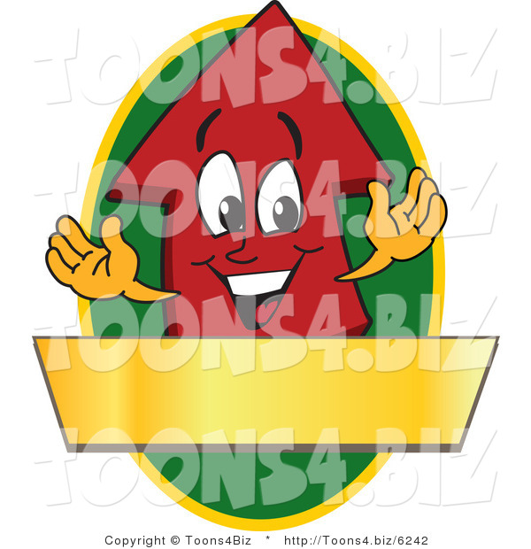 Vector Illustration of a Cartoon Red up Arrow Logo Mascot Above a Blank Gold Banner on a Green Oval