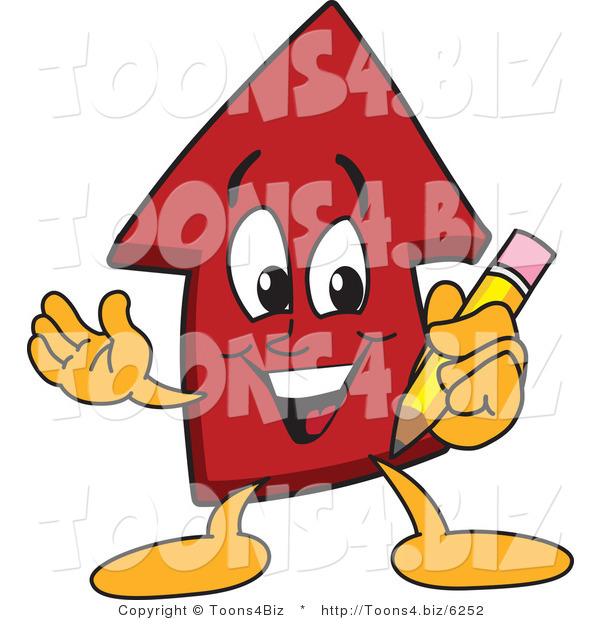 Vector Illustration of a Cartoon Red up Arrow Mascot Holding a Pencil