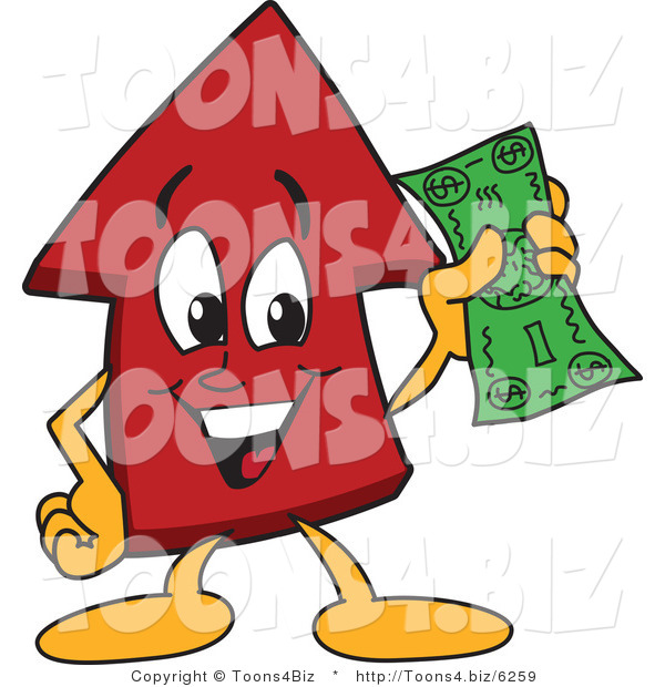 Vector Illustration of a Cartoon Red up Arrow Mascot Holding Cash