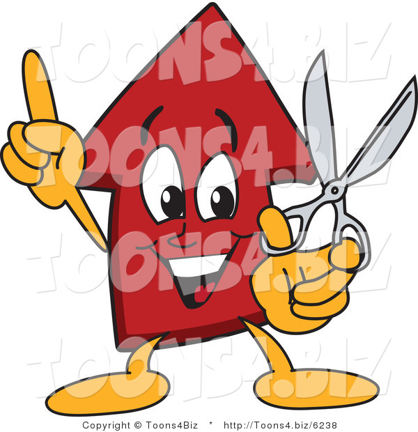 Vector Illustration of a Cartoon Red up Arrow Mascot Holding Scissors