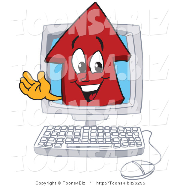 Vector Illustration of a Cartoon Red up Arrow Mascot in a Computer