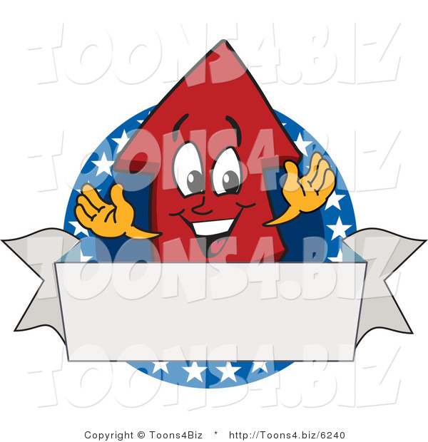 Vector Illustration of a Cartoon Red up Arrow Mascot on an American Logo with a Blank Banner