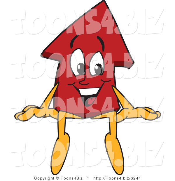 Vector Illustration of a Cartoon Red up Arrow Mascot Sitting on a Blank Sign
