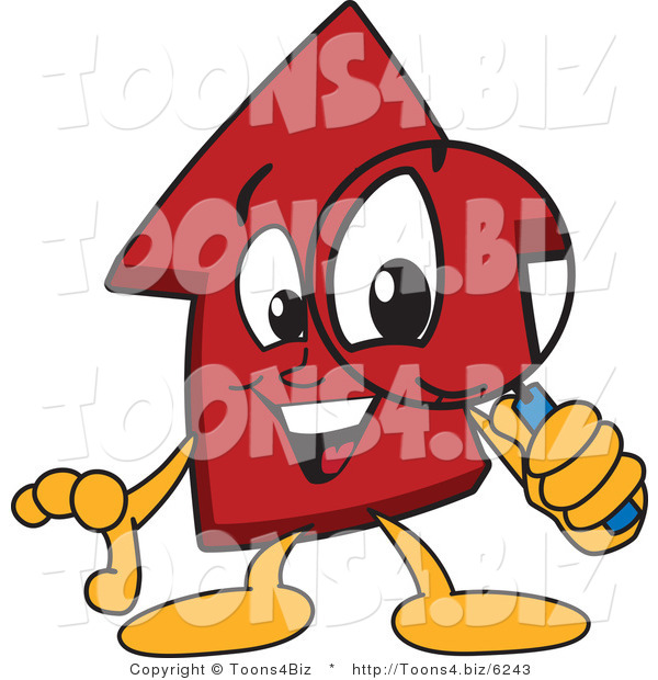 Vector Illustration of a Cartoon Red up Arrow Mascot Using a Magnifying Glass