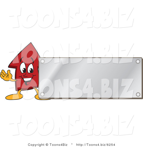 Vector Illustration of a Cartoon Red up Arrow Mascot with a Blank Silver Plaque Sign or Logo