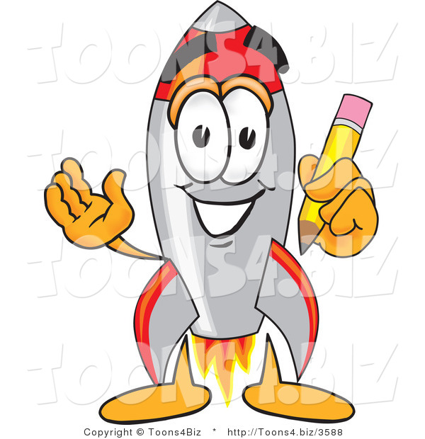 Vector Illustration of a Cartoon Rocket Mascot Holding a Pencil