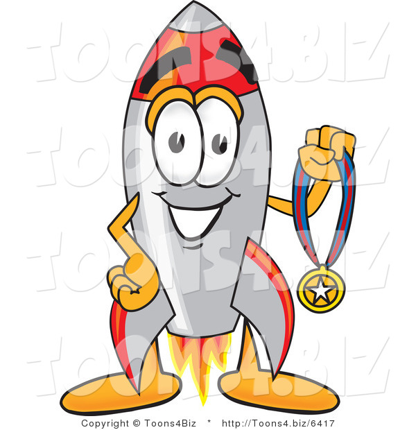 Vector Illustration of a Cartoon Rocket Mascot Holding a Sports Medal