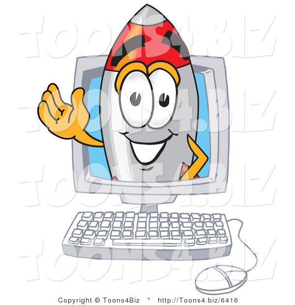 Vector Illustration of a Cartoon Rocket Mascot in a Computer Screen