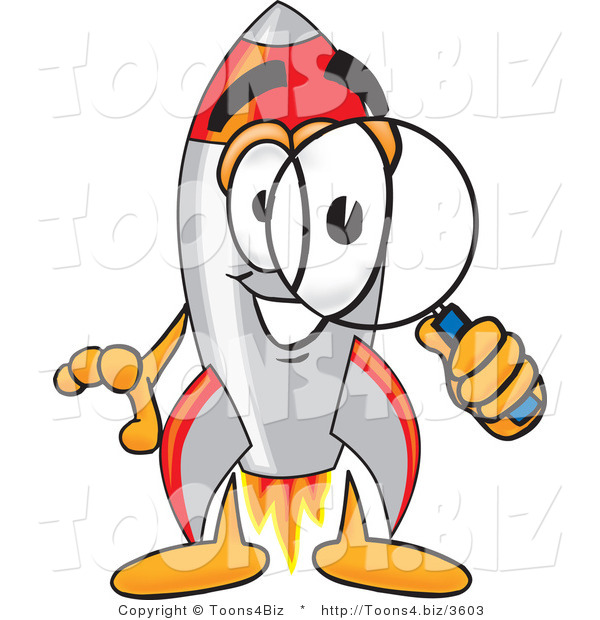 Vector Illustration of a Cartoon Rocket Mascot Looking Through a Magnifying Glass