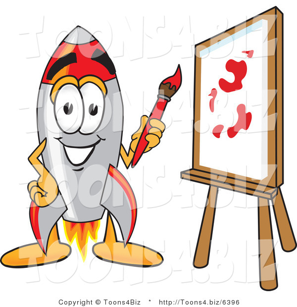 Vector Illustration of a Cartoon Rocket Mascot Painting a Canvas
