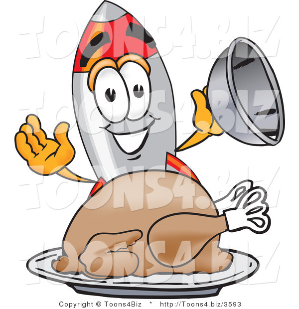 Vector Illustration of a Cartoon Rocket Mascot Serving a Thanksgiving Turkey on a Platter