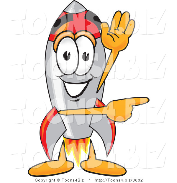 Vector Illustration of a Cartoon Rocket Mascot Waving and Pointing