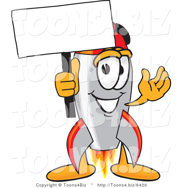 Vector Illustration of a Cartoon Rocket Mascot with a Blank Sign on a Pole