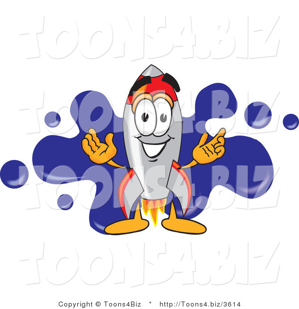 Vector Illustration of a Cartoon Rocket Mascot with a Blue Paint Splatter