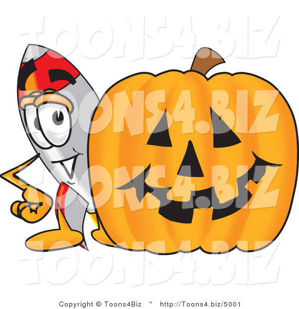 Vector Illustration of a Cartoon Rocket Mascot with a Carved Halloween Pumpkin