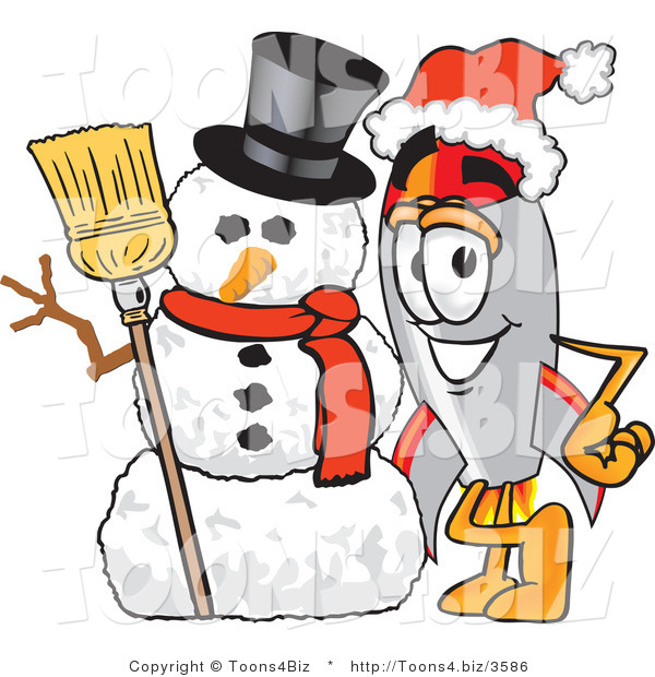 Vector Illustration of a Cartoon Rocket Mascot with a Snowman on Christmas