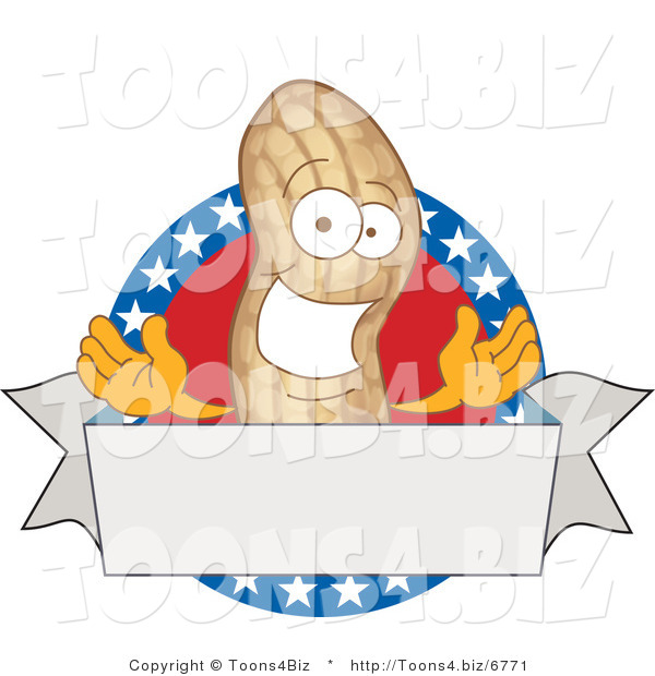 Vector Illustration of a Cartoon Royalty-Free (RF) Clipart Illustration of an American Peanut Mascot Logo with a Blank Banner