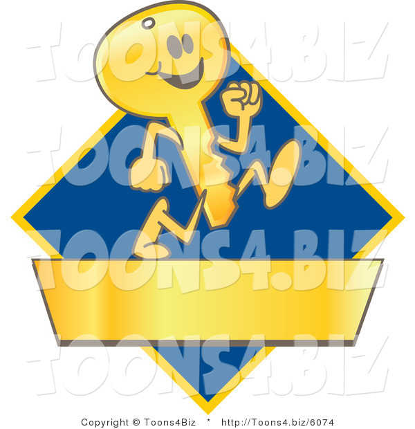 Vector Illustration of a Cartoon Running Gold Key Mascot Logo over a Blue Diamond and Gold Banner