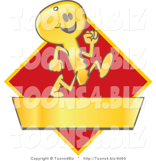 Vector Illustration of a Cartoon Running Gold Key Mascot Logo over a Red Diamond and Gold Banner