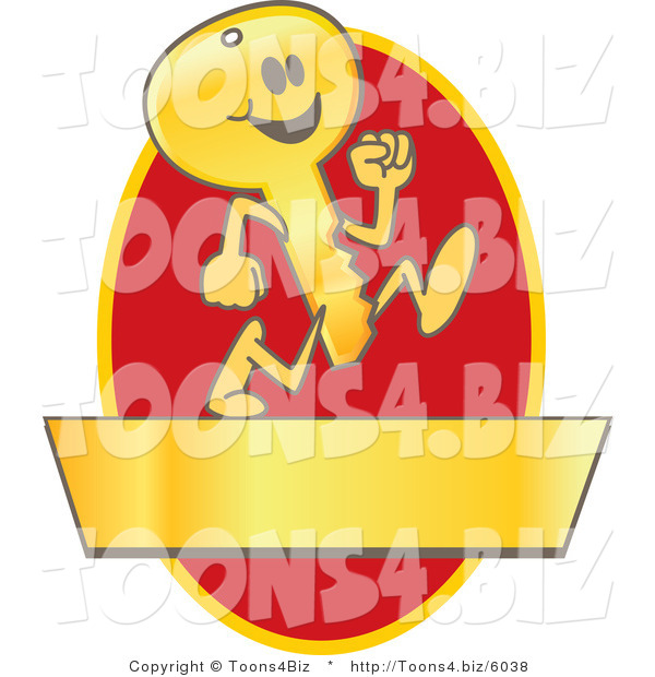 Vector Illustration of a Cartoon Running Gold Key Mascot Logo over a Red Oval and Gold Banner