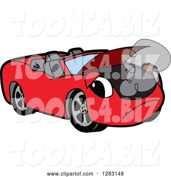 Vector Illustration of a Cartoon Sad Red Convertible Car Mascot Smoking