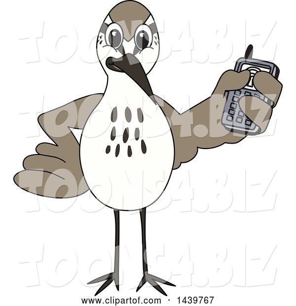 Vector Illustration of a Cartoon Sandpiper Bird School Mascot Holding a Cell Phone