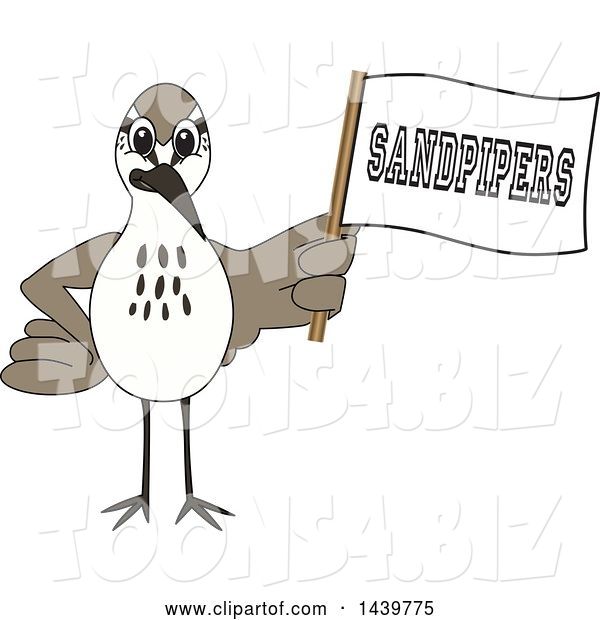 Vector Illustration of a Cartoon Sandpiper Bird School Mascot Holding a Flag