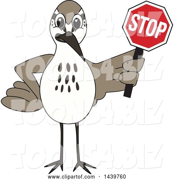 Vector Illustration of a Cartoon Sandpiper Bird School Mascot Holding a Stop Sign
