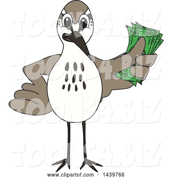 Vector Illustration of a Cartoon Sandpiper Bird School Mascot Holding Cash Money