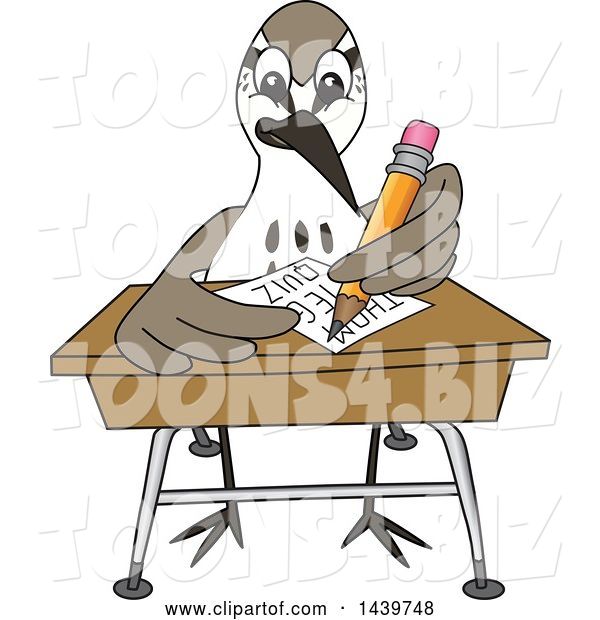 Vector Illustration of a Cartoon Sandpiper Bird School Mascot Taking a Quiz