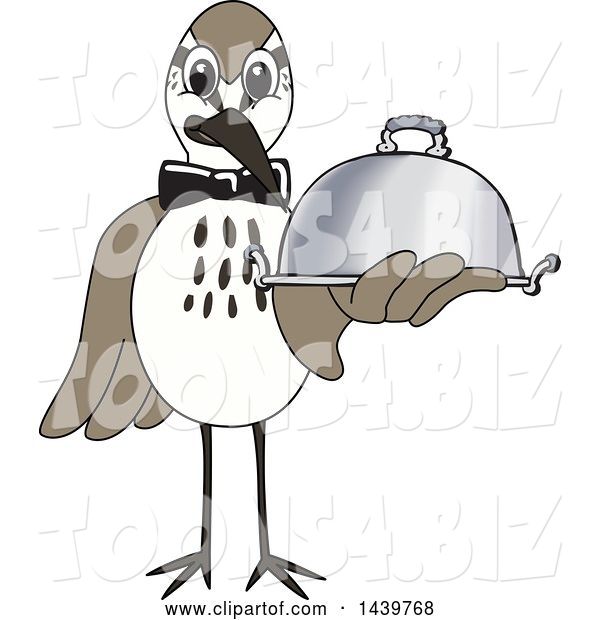Vector Illustration of a Cartoon Sandpiper Bird School Mascot Waiter Holding a Cloche Platter
