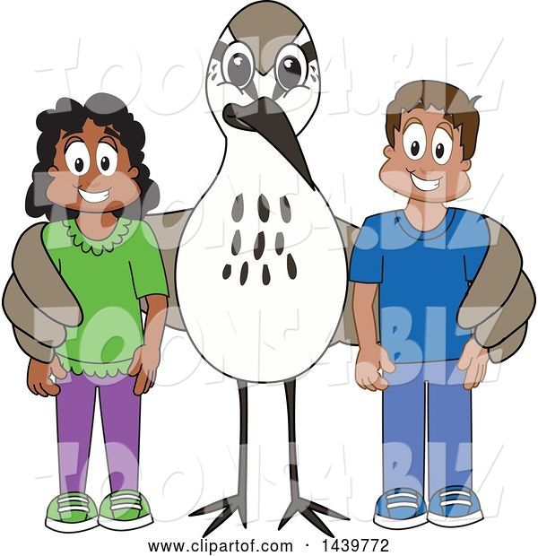 Vector Illustration of a Cartoon Sandpiper Bird School Mascot with Happy Students
