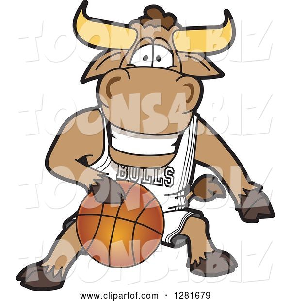 Vector Illustration of a Cartoon School Bull Mascot Athlete Playing Basketball