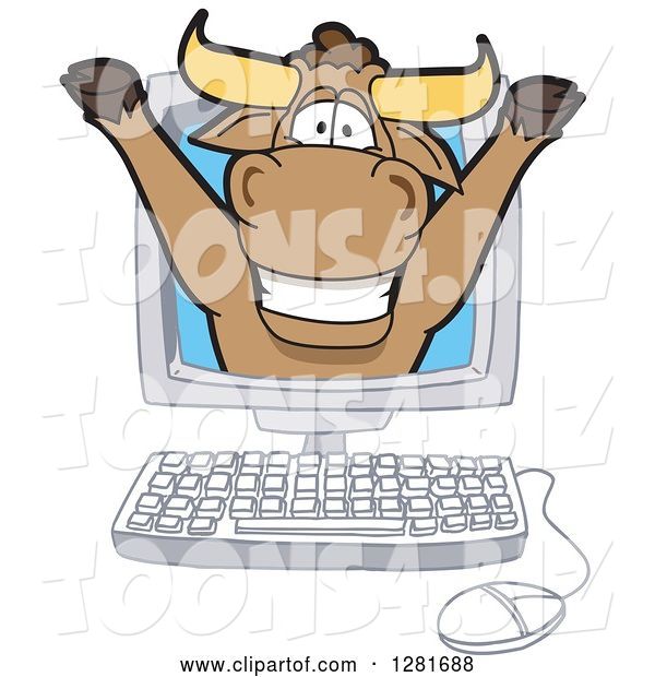 Vector Illustration of a Cartoon School Bull Mascot Cheering out from a Desktop Computer Screen