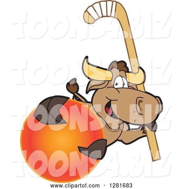 Vector Illustration of a Cartoon School Bull Mascot Holding a Field Hockey Stick and Ball