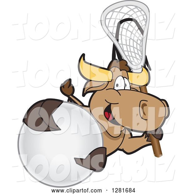 Vector Illustration of a Cartoon School Bull Mascot Holding a Lacrosse Stick and Ball